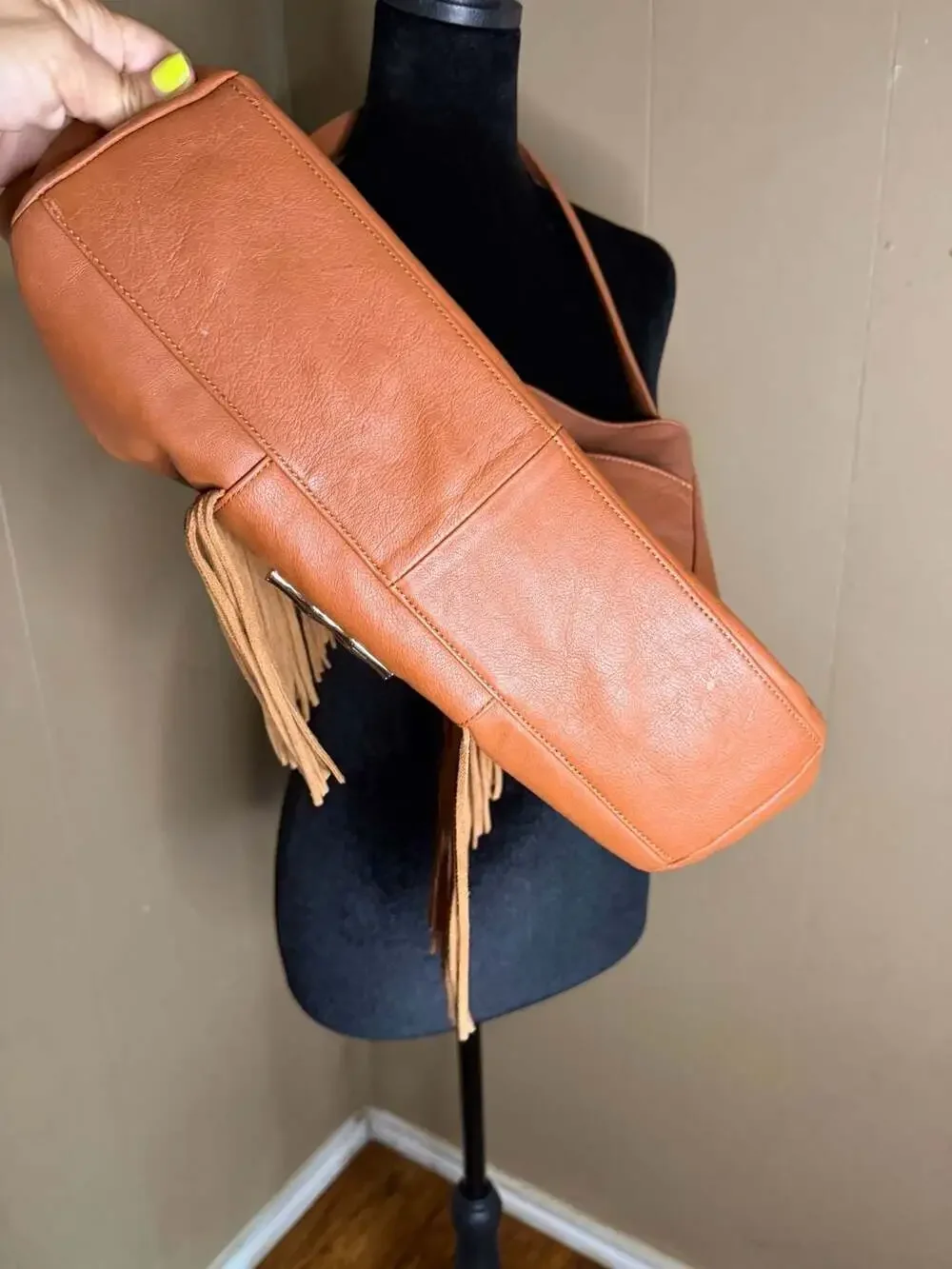 Elaine Turner Cognac Leather Fringe Hobo Shoulder Bag with Pink Lining